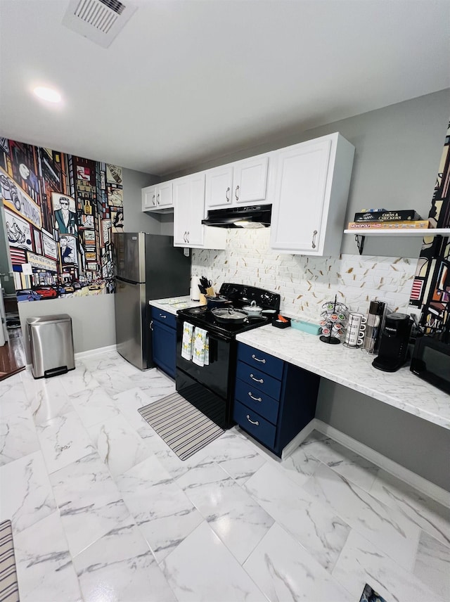 kitchen with blue cabinets, black / electric stove, stainless steel refrigerator, decorative backsplash, and white cabinets