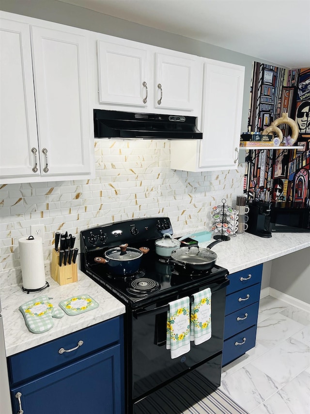 kitchen featuring blue cabinetry, black range with electric cooktop, and white cabinets