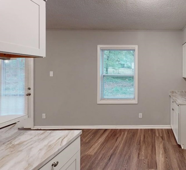 kitchen featuring white cabinetry, dark wood-type flooring, and a textured ceiling