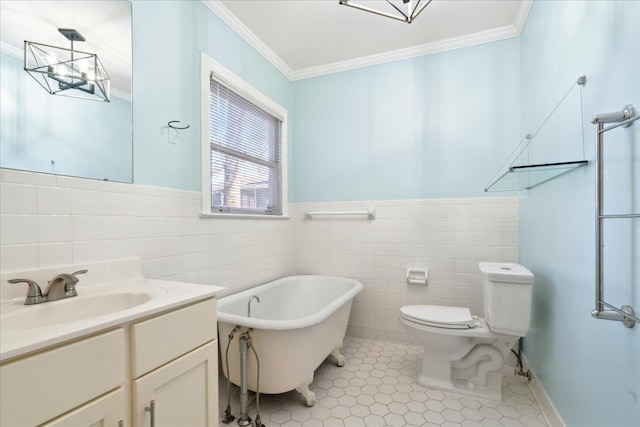 bathroom featuring toilet, tile patterned flooring, a bathtub, and tile walls