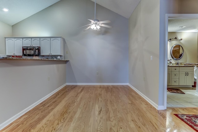 interior space featuring lofted ceiling, sink, light hardwood / wood-style flooring, and ceiling fan