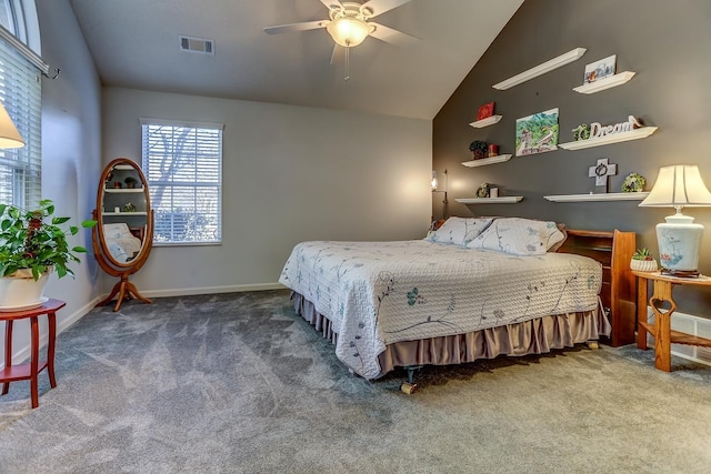 bedroom featuring high vaulted ceiling, ceiling fan, and carpet flooring