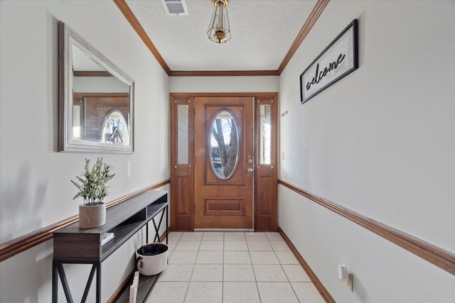 doorway to outside with light tile patterned floors, ornamental molding, and a textured ceiling