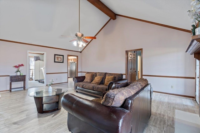 living room featuring vaulted ceiling with beams, light hardwood / wood-style floors, and ceiling fan