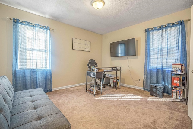 home office with light carpet and a textured ceiling