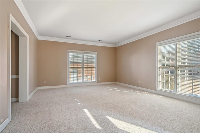 empty room with crown molding, a healthy amount of sunlight, and light carpet