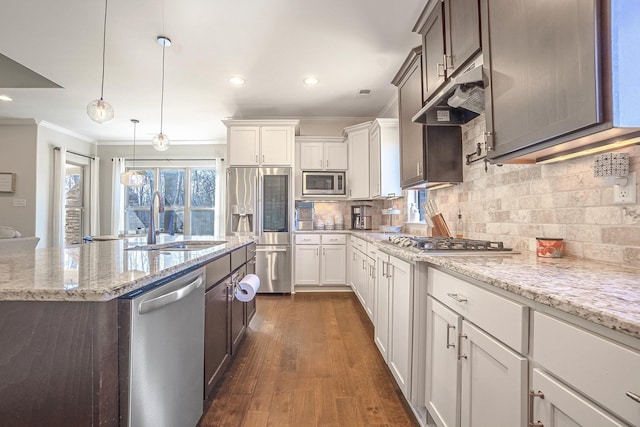 kitchen with white cabinetry, sink, pendant lighting, and stainless steel appliances