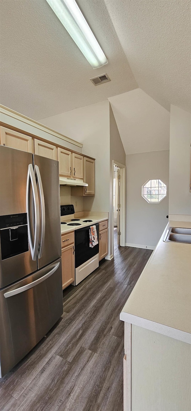 kitchen with lofted ceiling, white electric range, stainless steel fridge, dark hardwood / wood-style floors, and light brown cabinets