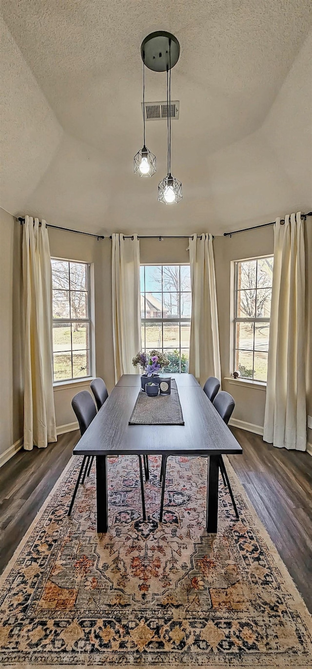 dining room featuring dark hardwood / wood-style flooring, lofted ceiling, and a textured ceiling