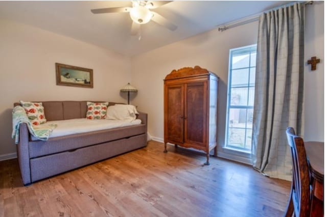 living room featuring ceiling fan, a wealth of natural light, and wood-type flooring