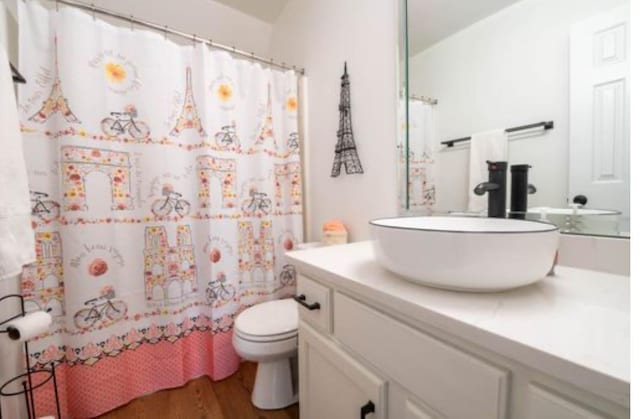 bathroom with vanity, hardwood / wood-style floors, and toilet