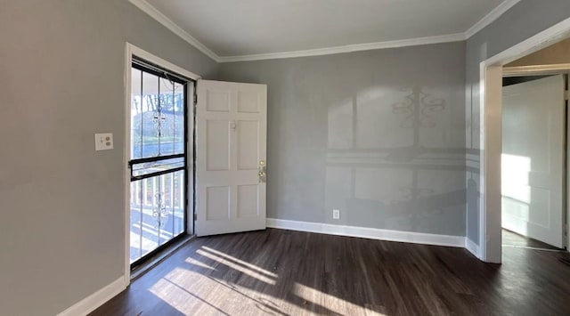 entryway with crown molding and dark wood-type flooring