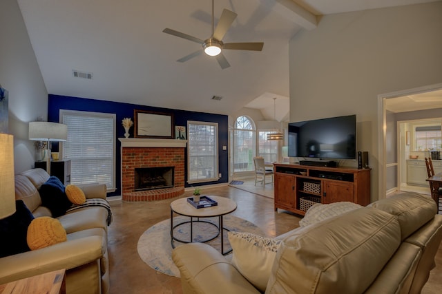 living room with beam ceiling, a fireplace, high vaulted ceiling, and ceiling fan