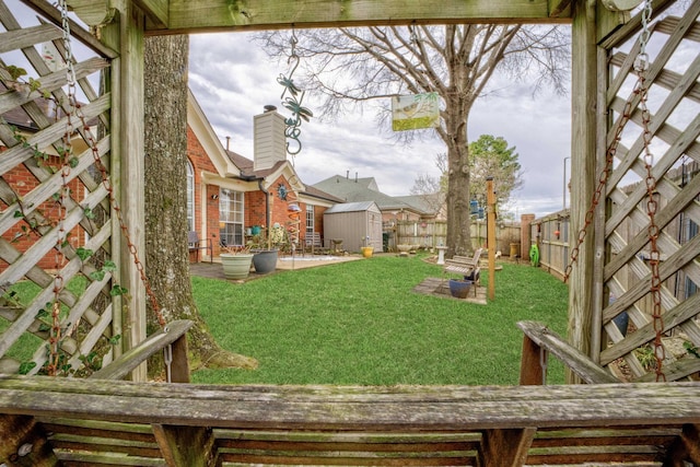 view of yard featuring a patio area and a storage unit