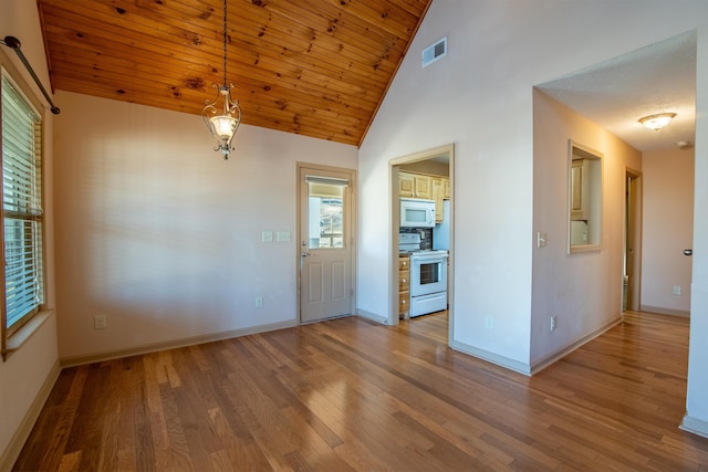 interior space with high vaulted ceiling, wood ceiling, and light hardwood / wood-style floors