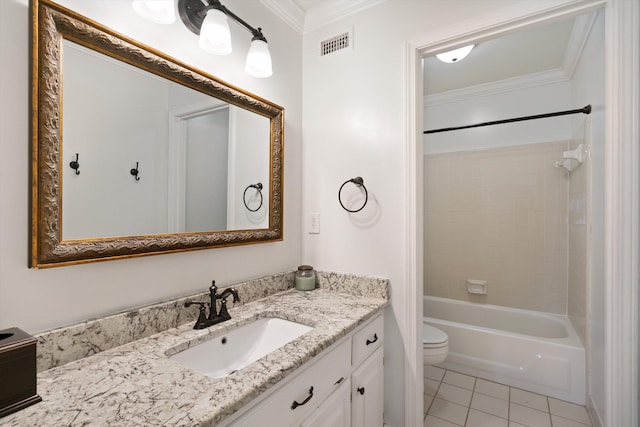 full bathroom with vanity, tile patterned floors, ornamental molding, and tiled shower / bath combo