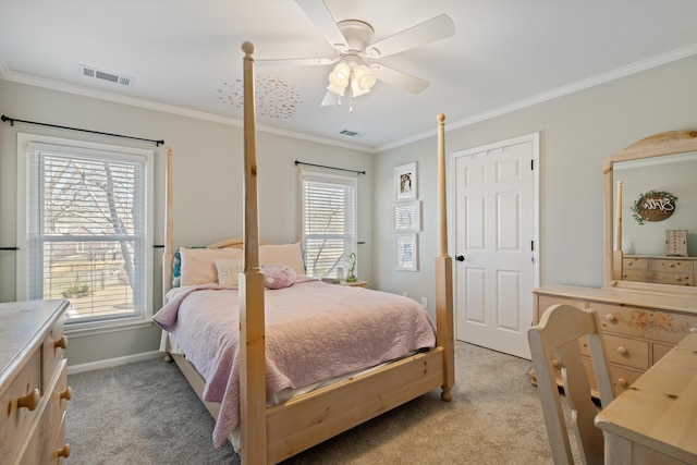 bedroom with light carpet, ornamental molding, and ceiling fan