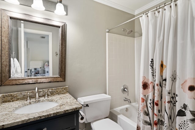 full bathroom featuring ornamental molding, vanity, shower / tub combo, and toilet