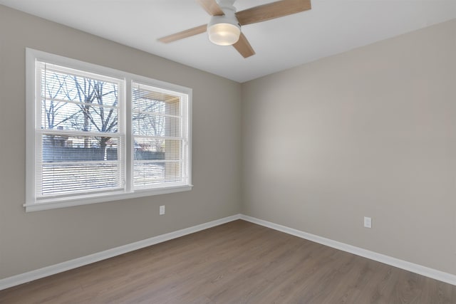 unfurnished room with ceiling fan and wood-type flooring