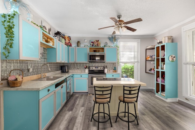 kitchen featuring sink, blue cabinetry, a breakfast bar, stainless steel appliances, and a center island