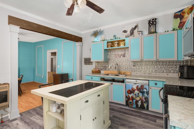 kitchen with blue cabinets, dishwasher, sink, and dark hardwood / wood-style flooring