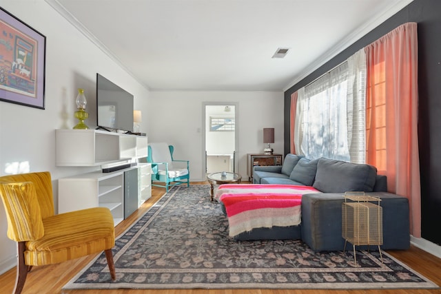 living room featuring wood-type flooring and crown molding