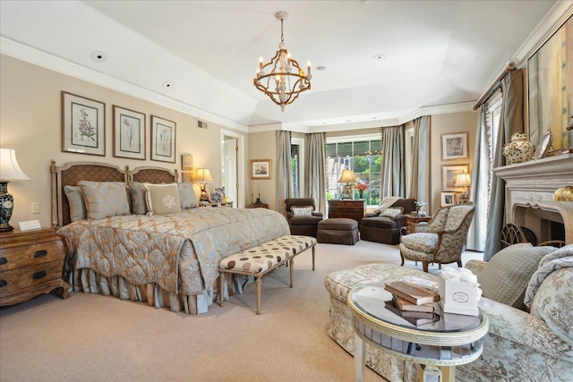 bedroom featuring an inviting chandelier, light colored carpet, a raised ceiling, and access to outside