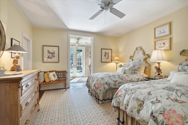 bedroom with access to outside, ornamental molding, french doors, and ceiling fan