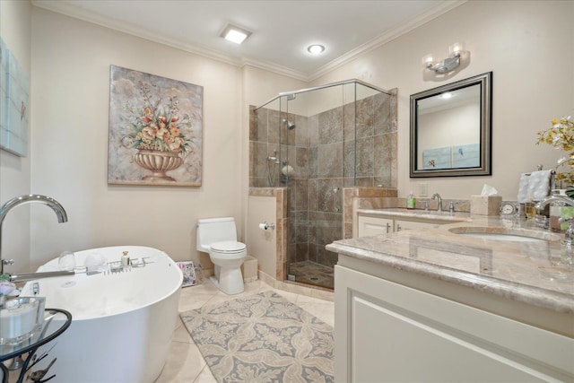 full bathroom with shower with separate bathtub, ornamental molding, vanity, toilet, and tile patterned floors