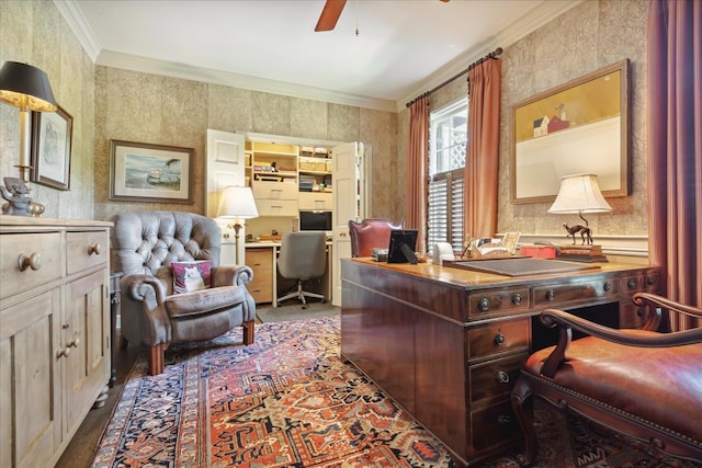 office area with ceiling fan and ornamental molding