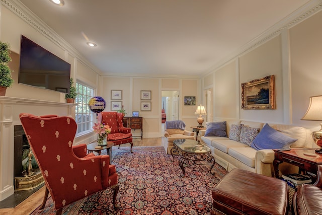 living room featuring crown molding and wood-type flooring