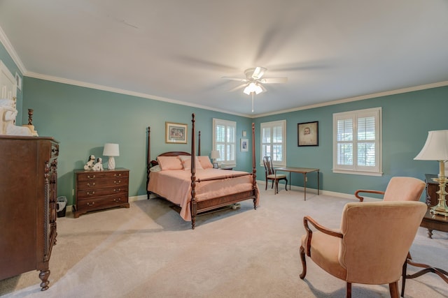 bedroom with crown molding, light colored carpet, and ceiling fan