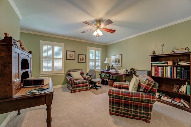 living room with crown molding, light colored carpet, and ceiling fan