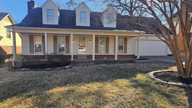 cape cod home featuring a garage, a front yard, and a porch