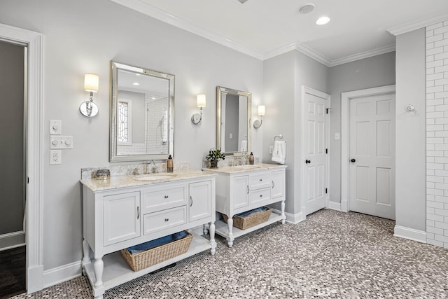 bathroom featuring vanity, crown molding, and a shower