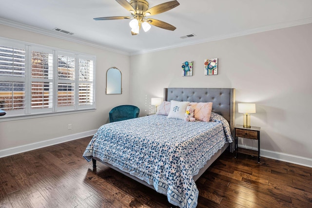 bedroom with ceiling fan, ornamental molding, and dark hardwood / wood-style flooring