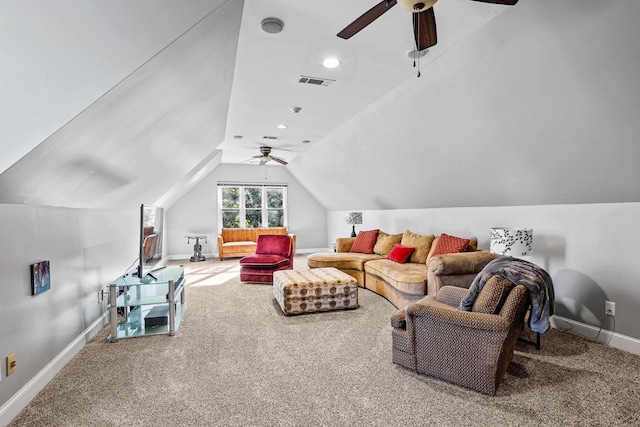 carpeted living room with lofted ceiling and ceiling fan