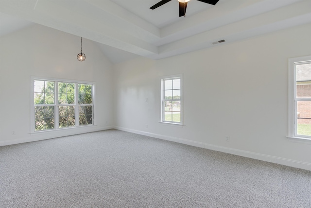 carpeted empty room featuring a raised ceiling, a healthy amount of sunlight, and ceiling fan