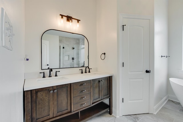 bathroom with vanity and independent shower and bath