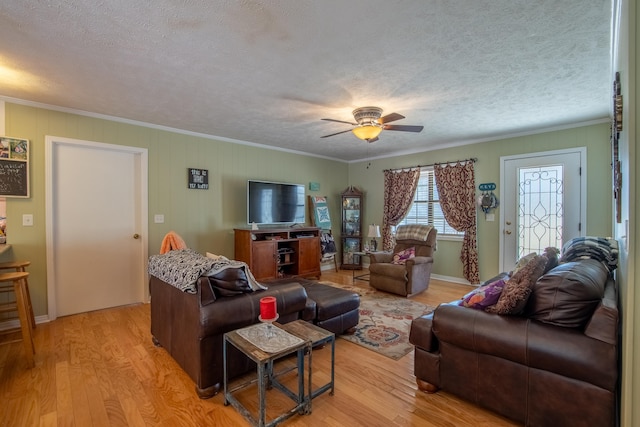 living room featuring ornamental molding, a textured ceiling, and light wood-type flooring