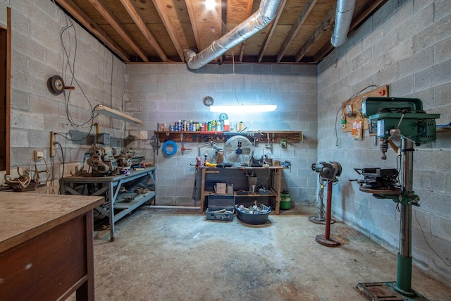 basement with a workshop area