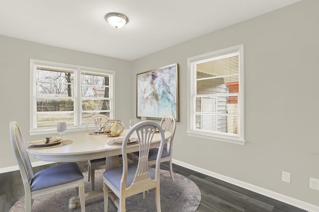 dining space featuring a healthy amount of sunlight and dark hardwood / wood-style flooring