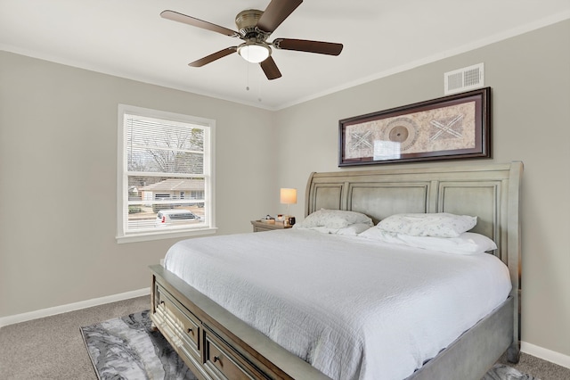 bedroom featuring ceiling fan, light colored carpet, and ornamental molding