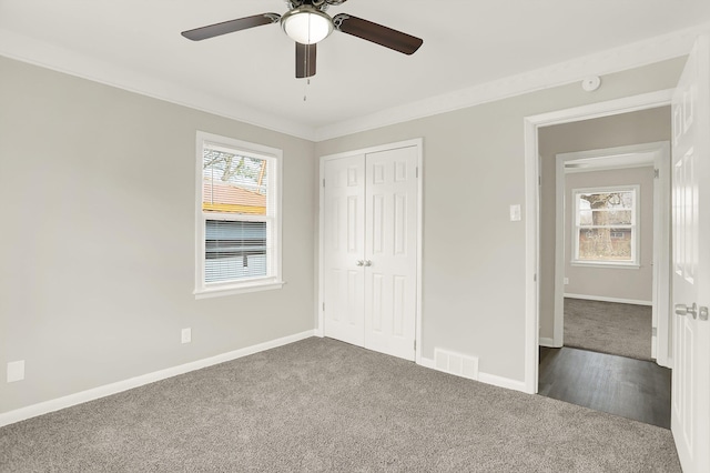 unfurnished bedroom with ceiling fan, ornamental molding, a closet, and dark colored carpet