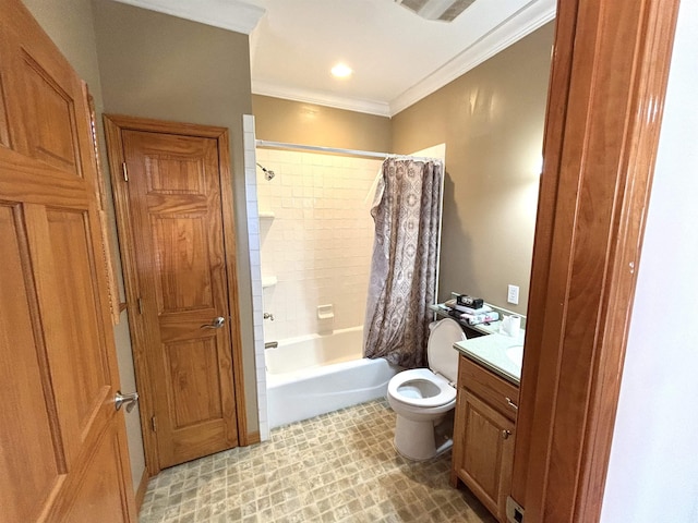 full bathroom with ornamental molding, shower / tub combo, vanity, and toilet