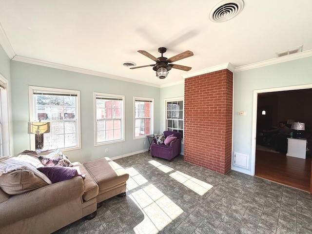 living room with crown molding and ceiling fan