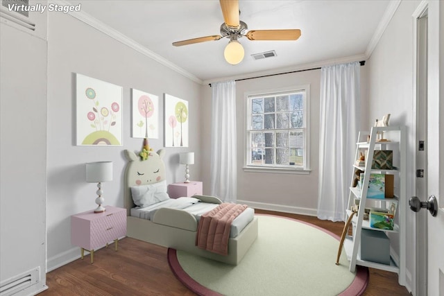 bedroom with ceiling fan, ornamental molding, and dark hardwood / wood-style flooring