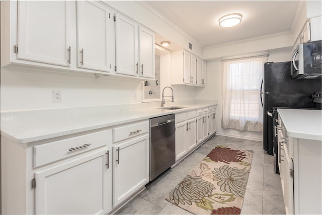 kitchen with ornamental molding, appliances with stainless steel finishes, sink, and white cabinets