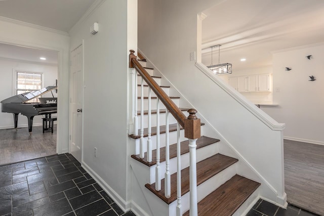 stairs featuring ornamental molding