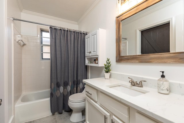 full bathroom featuring toilet, crown molding, vanity, shower / bath combination with curtain, and tile patterned flooring